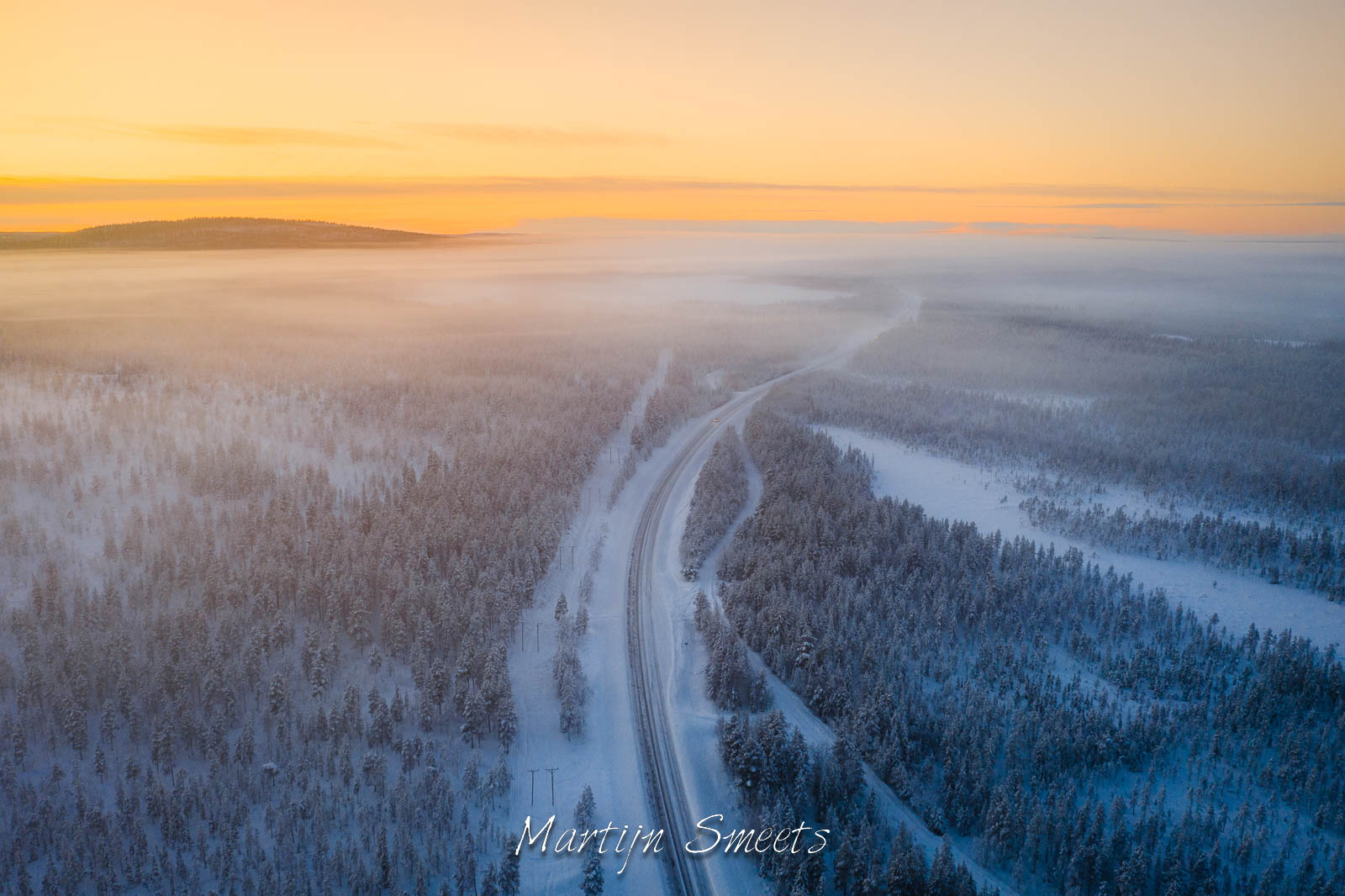 Aerial view of a road in Swedish Lapland